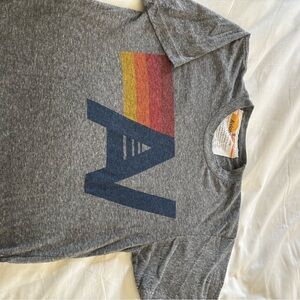 Aviator Nation Gray Short Sleeve Tee with Navy Logo and Sunset Stripes